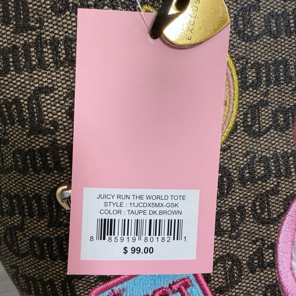NWT Juicy Couture Juicy Run the World Tote in Taupe/Dk Brown w/ Pink Trim - Picture 2 of 7